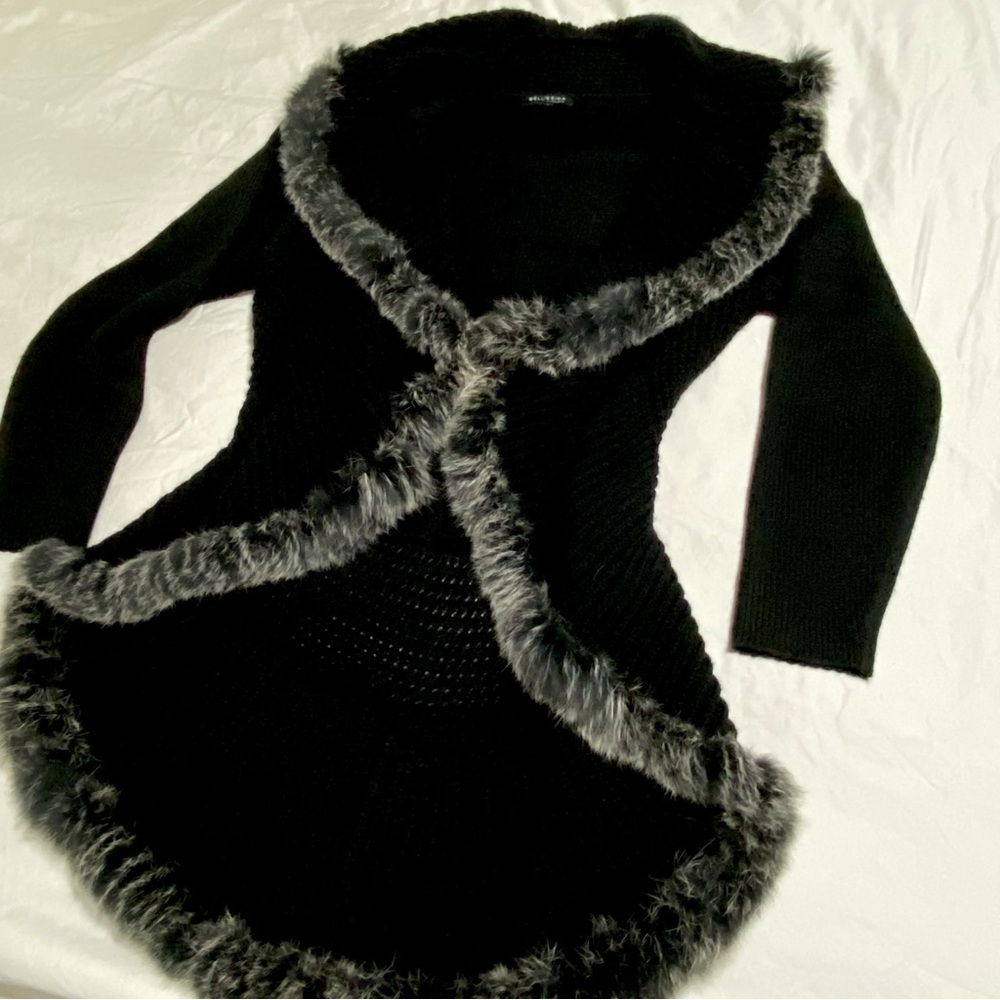 Bellissima Fashions Real Fur Trim Waterfall Drape Cardigan Statement Sweater L